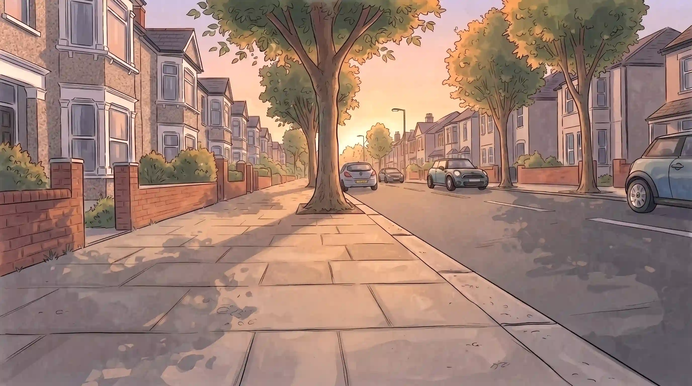 walking alone along a quiet residential street in the early evening, thoughtful reflection