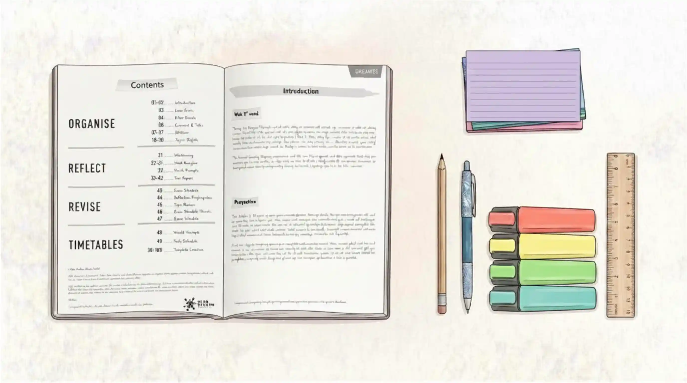 Contents pages of GCSE Revision Diary Planner open on a tidy study desk.
