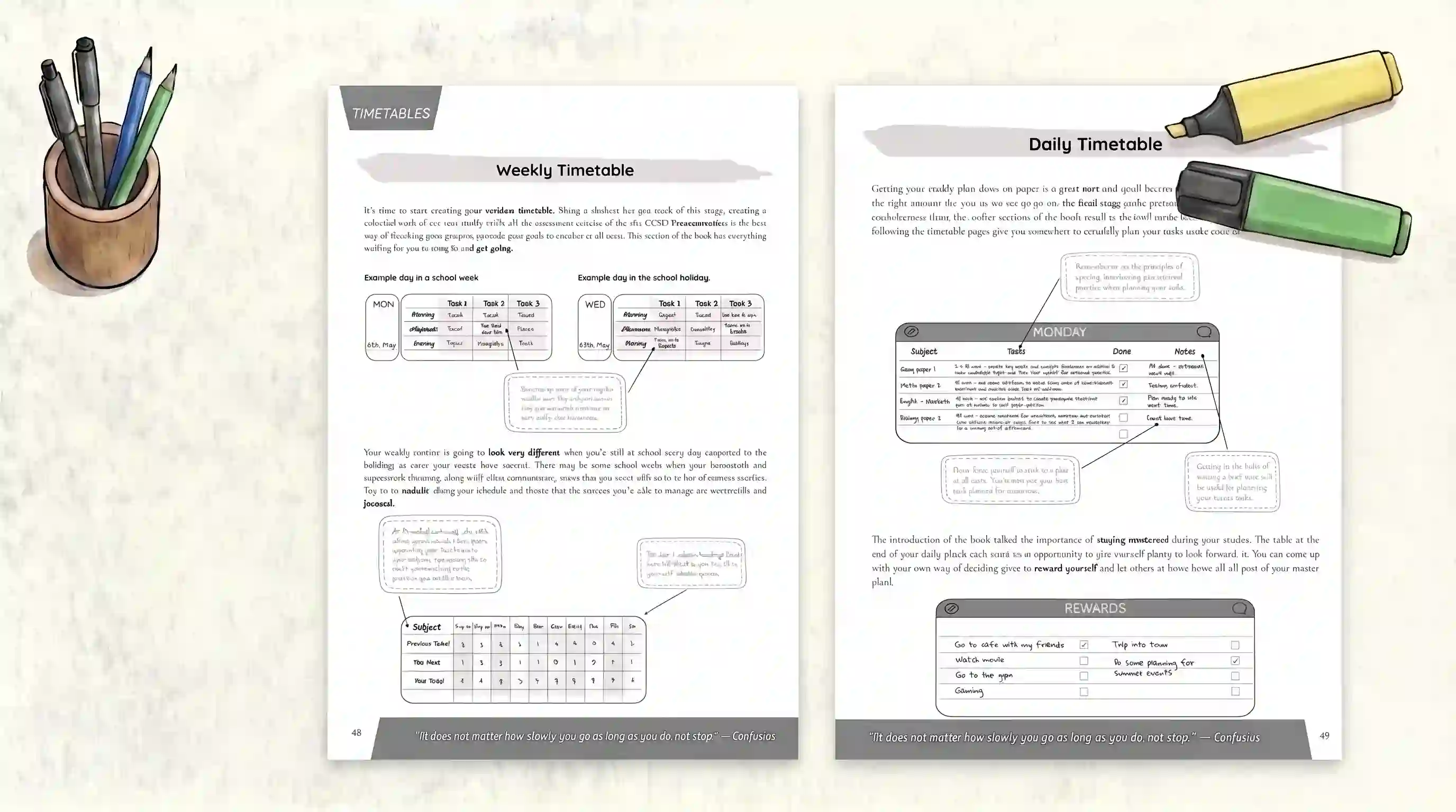An open weekly and daily planner page with several notes and instructions