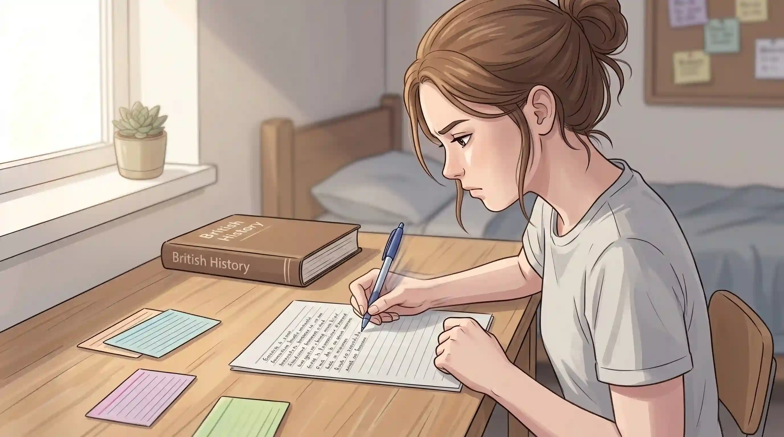 A GCSE student writing intensely on a blank page from memory, textbook closed beside her