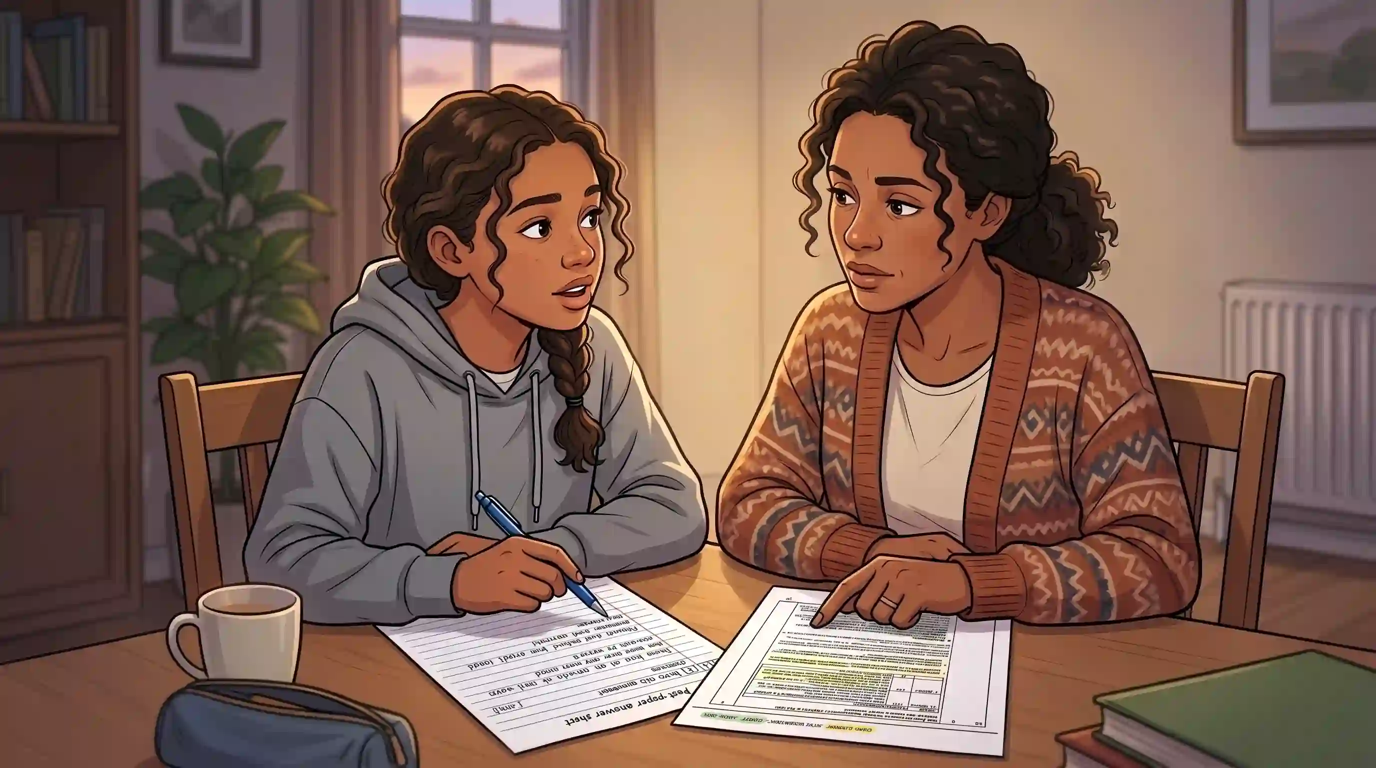A mother and her teenage daughter sitting side by side at a table, comparing a handwritten exam answer against a printed mark scheme