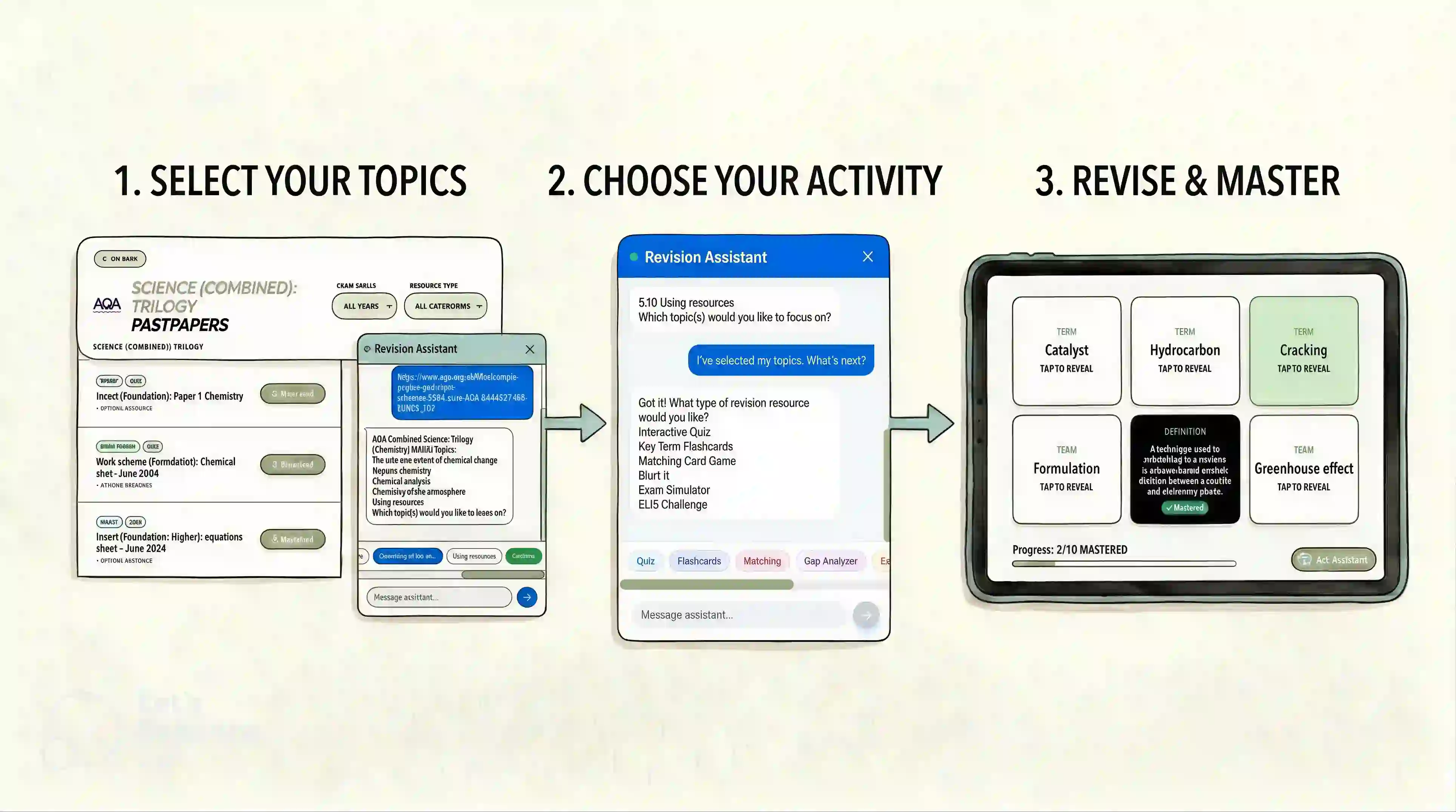 Revision Desk AI Revision Assistant showing topic selection and revision resource options from a GCSE past paper mark scheme