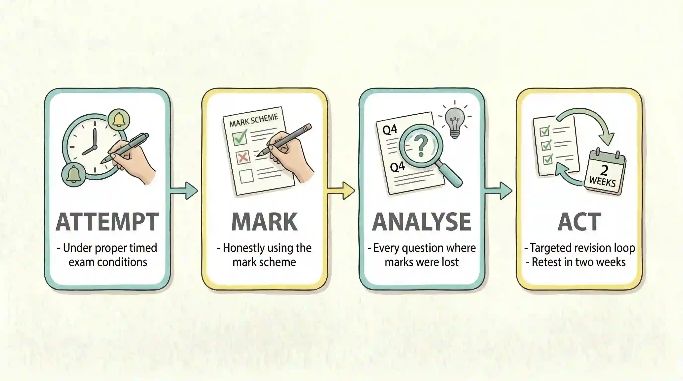Four-step GCSE past paper revision cycle: attempt the paper, mark it, analyse mistakes, act on findings