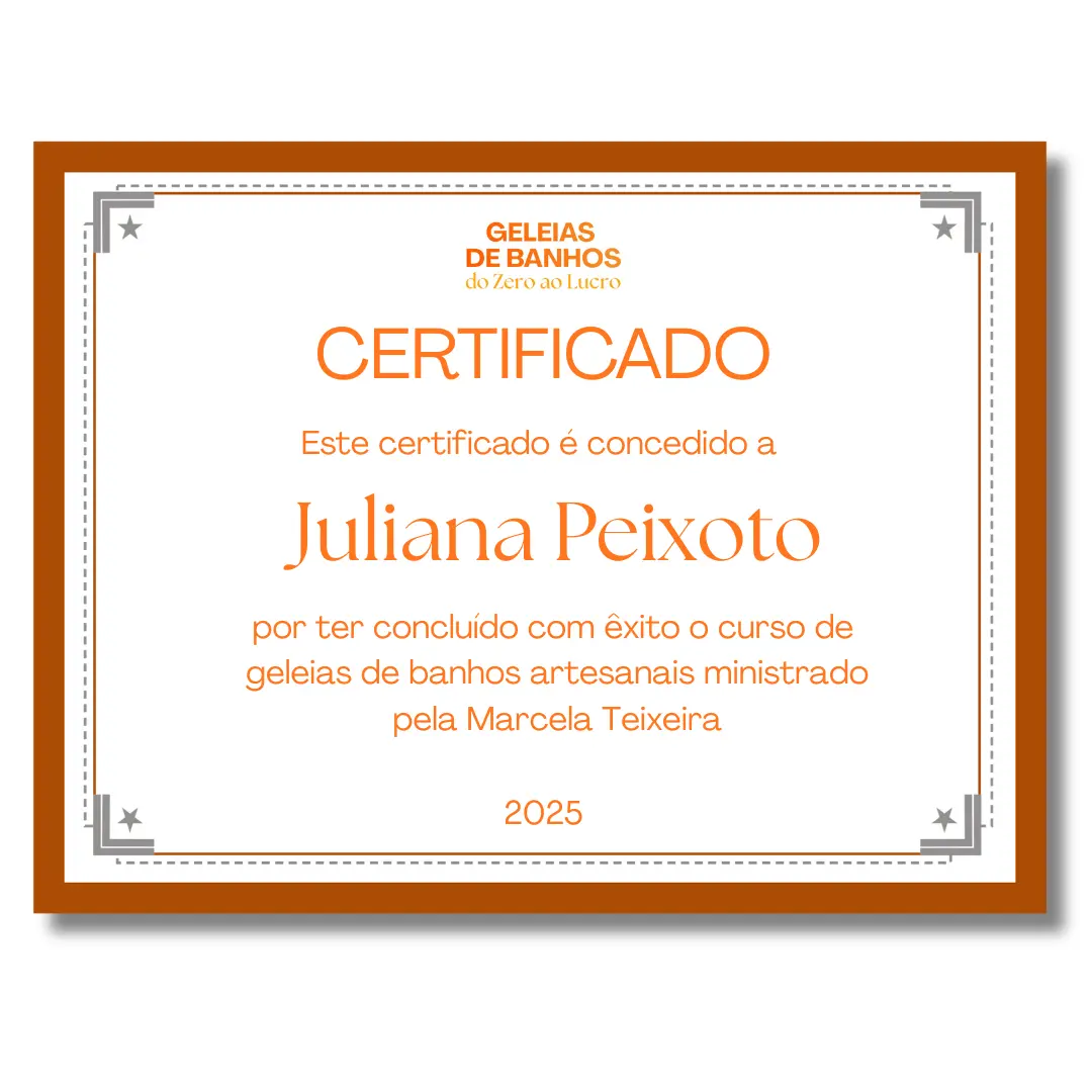 Certificado do curso Geleias de Banho: do Zero ao Lucro