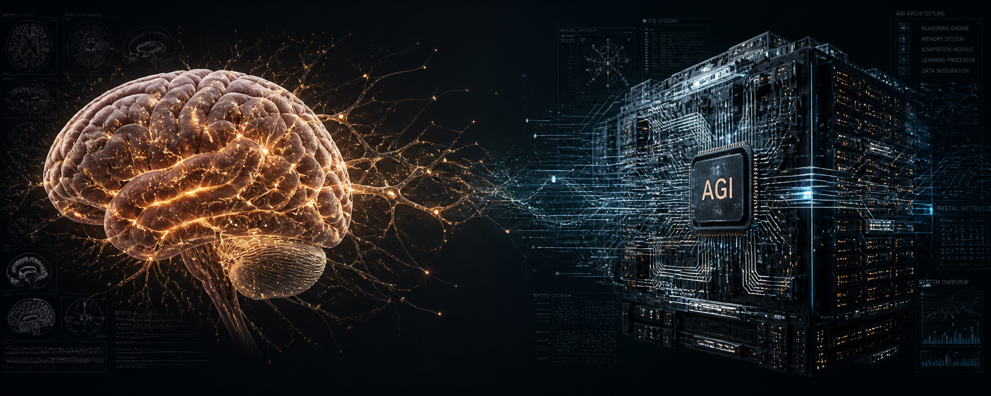 Eine abstrakte Darstellung eines menschlichen Gehirns und eines künstlichen neuronalen Netzwerks, die zwei unterschiedliche Formen von Intelligenz symbolisieren.