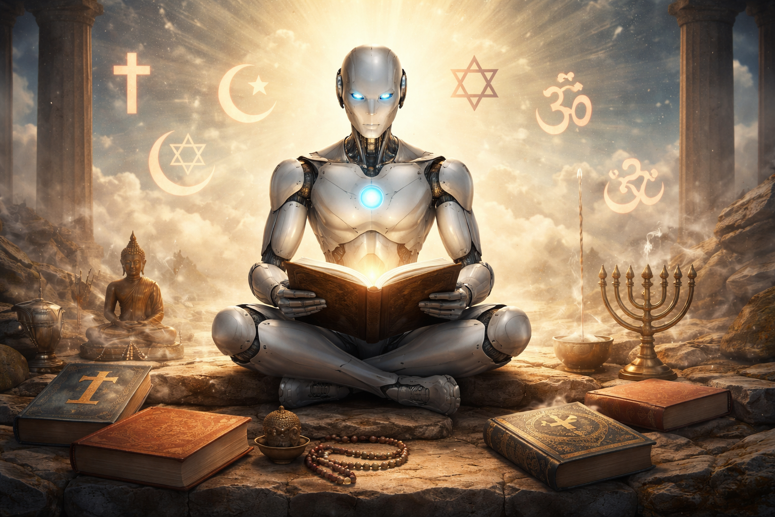 Eine künstliche Intelligenz als leuchtende digitale Präsenz vor abstrakten religiösen Symbolen, die eher analysiert als glaubt.