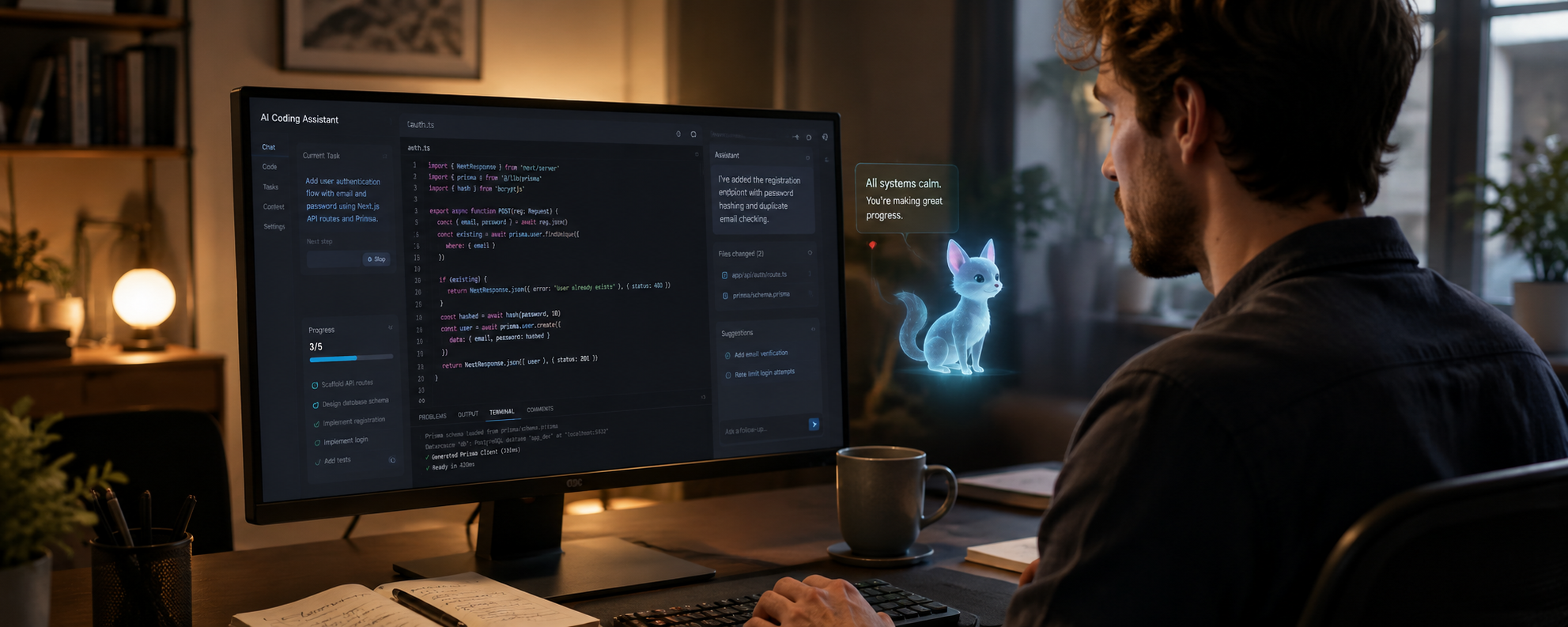 Ein moderner Arbeitsplatz mit einem geöffneten Codex-Fenster und einem kleinen animierten digitalen Begleiter, der als sanfte visuelle Statusanzeige neben der Arbeitsfläche schwebt.