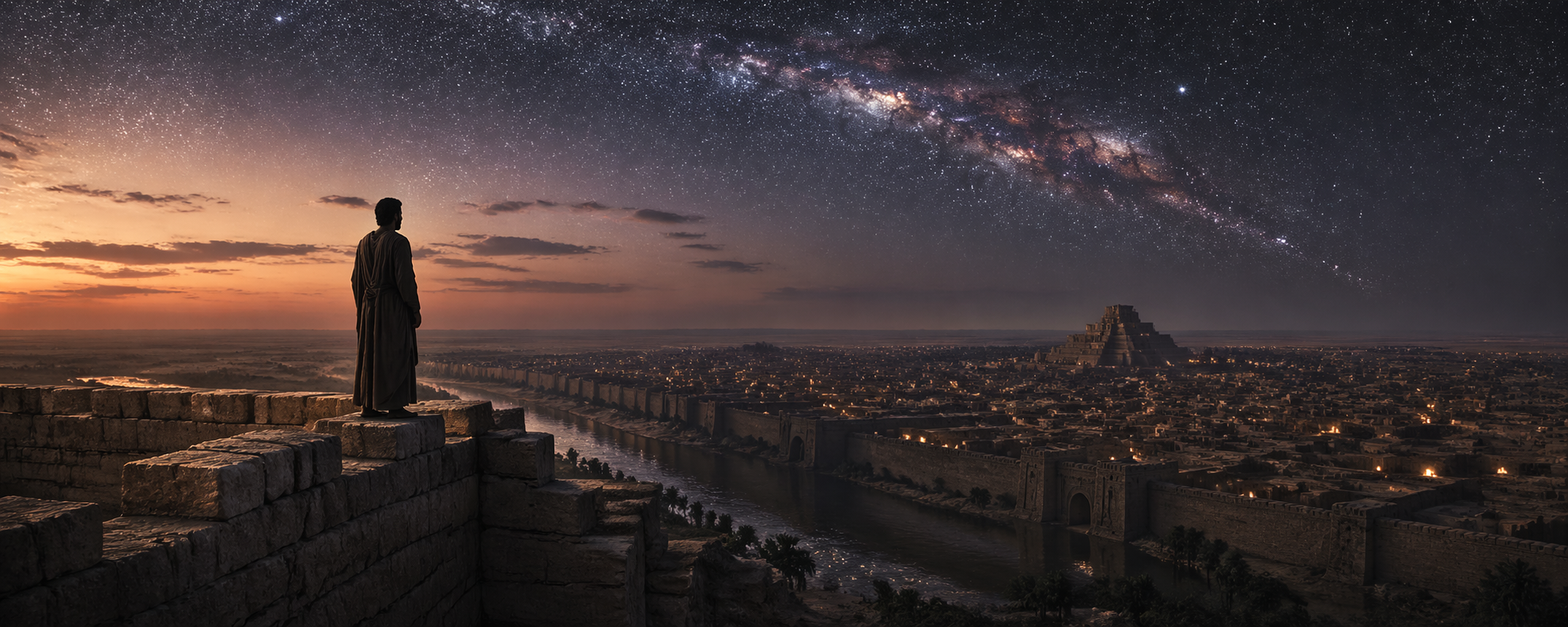 Eine kleine menschliche Figur steht unter einem riesigen Sternenhimmel und blickt auf eine ferne Stadt, als Symbol für Bedeutung, Vergänglichkeit und menschliches Vermächtnis.