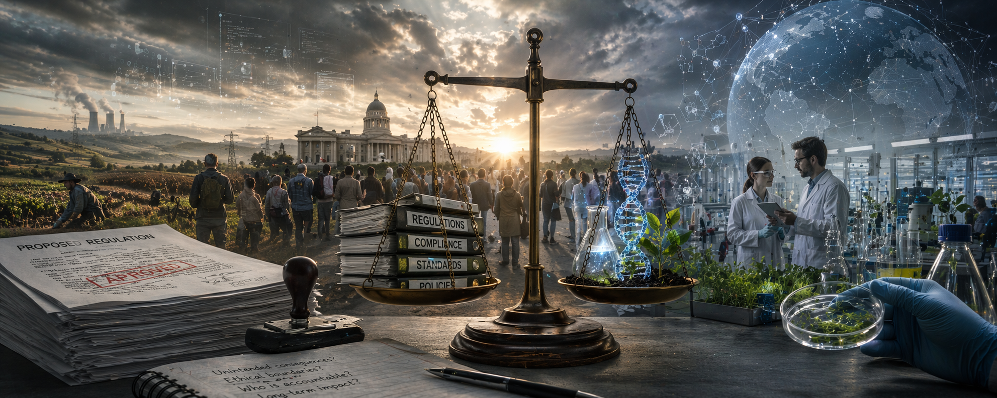 Eine futuristische Szene mit künstlicher Intelligenz und Biotechnologie, umgeben von fragilen Netzwerken und Regulierungssymbolen, die zeigen, wie komplex technologische Governance ist.