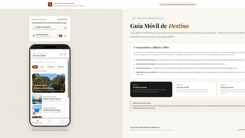 Ejemplo de webapp turística con mapa, categorías y fichas de actividades en un celular