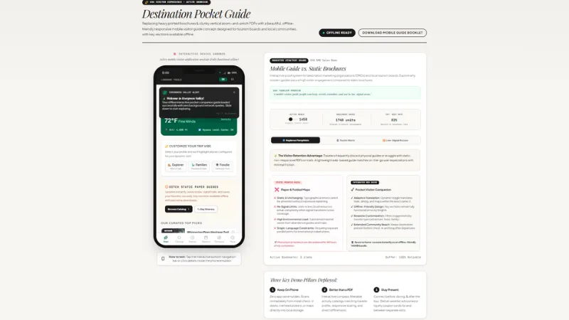 Pantalla de celular con una webapp de destino turístico abierta en el navegador