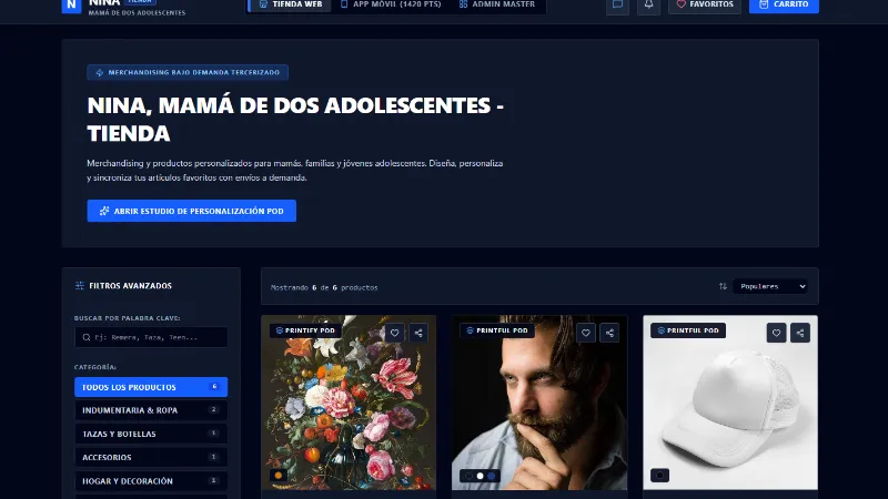 Vidriera del ecommerce de Nina, pensado para una mamá de dos adolescentes