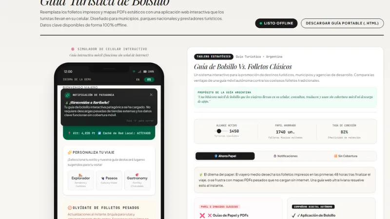 Una webapp turística abierta en el navegador de un celular, mostrando un mapa interactivo y guía de destino