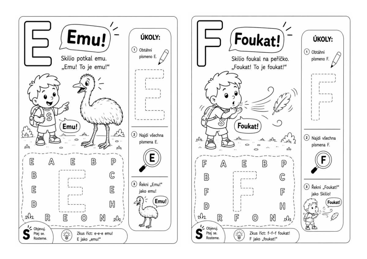 První písmena hravě E, F - omalovánka ke stažení zdarma
