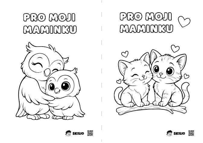 Sova, Kočka pro maminku - A5 omalovánka - Máma, Láska pro děti START - už vím, kam kreslím (4–6 let) - omalovánka ke stažení zdarma