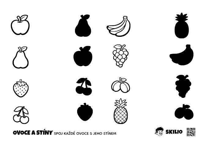 Ovoce a stíny - Spojování - Jabko, Banán, Jahoda, Hruška, Ananas, Švestka, Třešeň pro děti MINI - první tahy (2–4 roky) - omalovánka ke stažení zdarma
