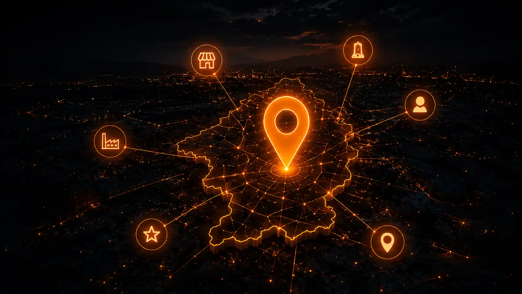 Digitale kaart van Limburg met een oplichtende locatiepin en iconen voor winkel, industrie en diensten, als symbool voor lokale online vindbaarheid