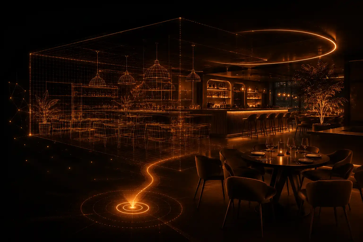 Restaurantinterieur met houten tafels, stoelen, hanglampen en een lange bar