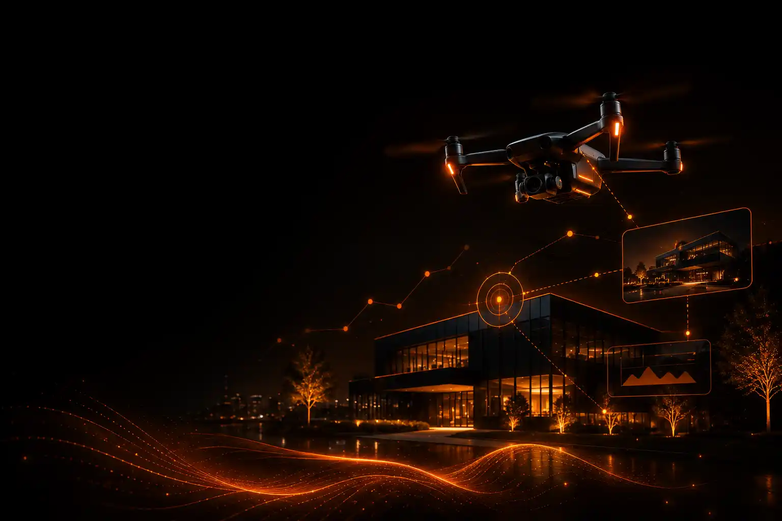 Professionele dronebeelden voor een bedrijf met overzicht van gebouw, terrein en omgeving