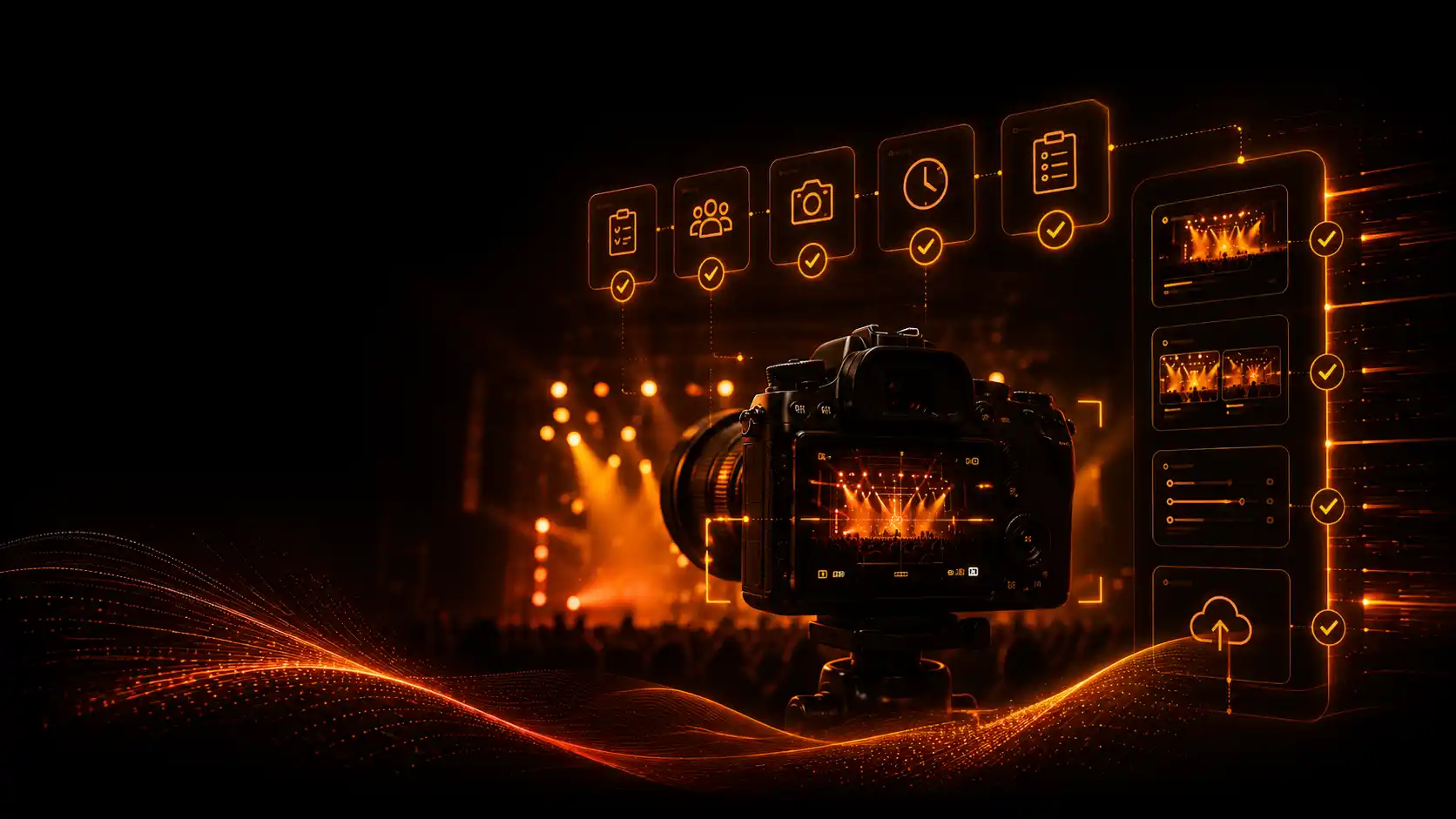 Professionele eventfotograaf legt een sfeervol bedrijfsevent met gasten en podiumprogramma vast
