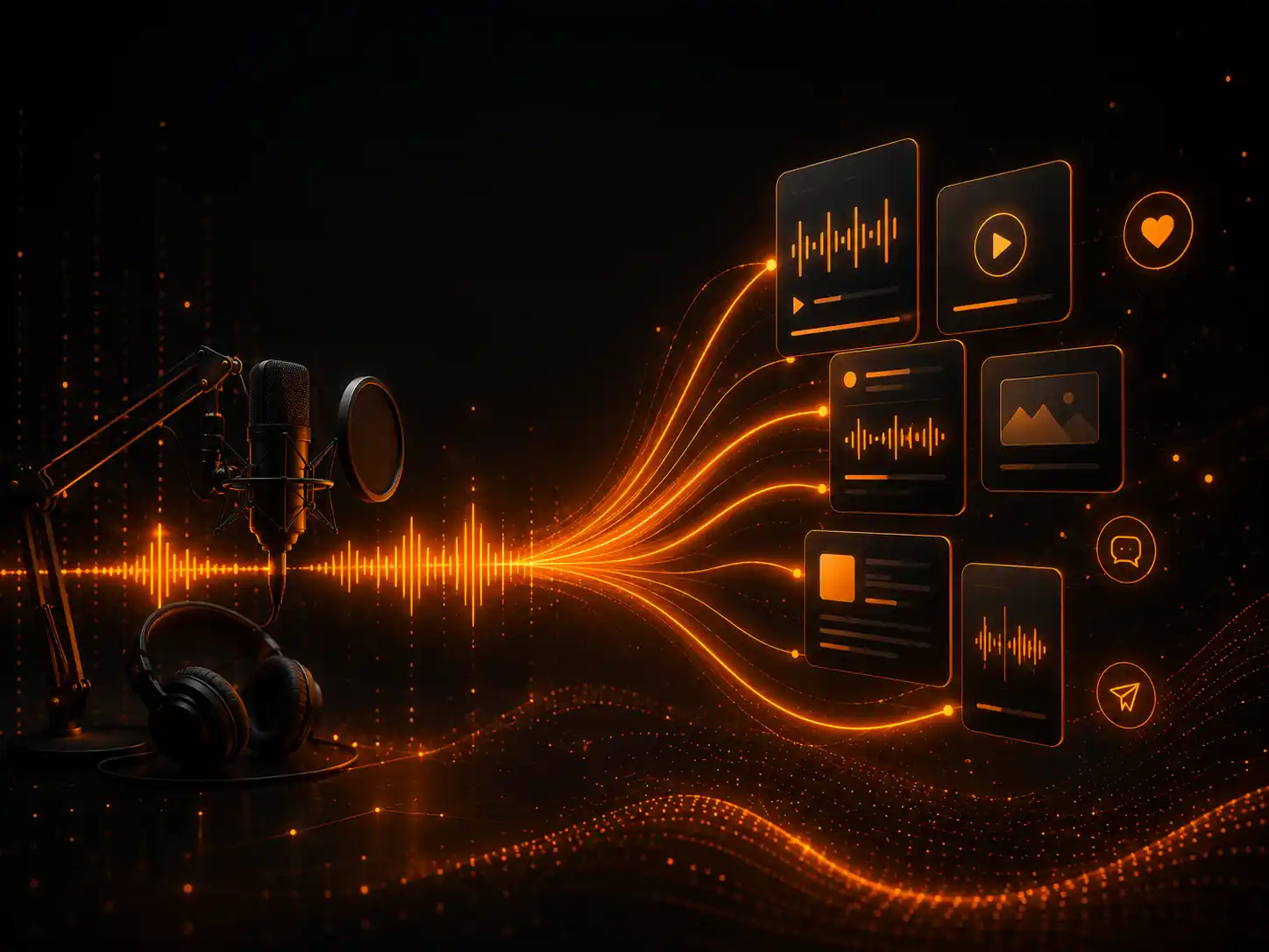 Studiomicrofoon en hoofdtelefoon voor een beeldscherm met audiomontage