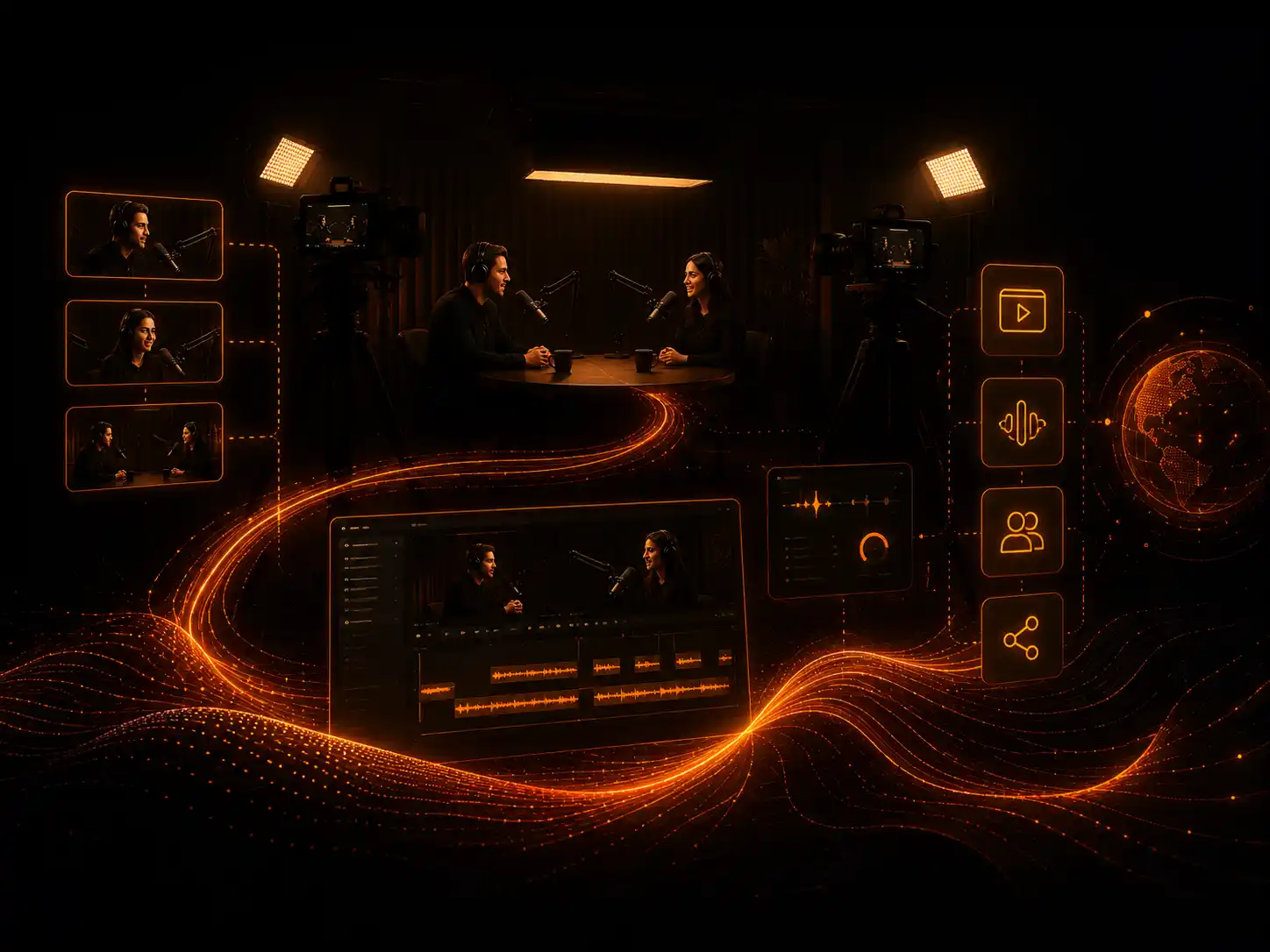 Camera, podcastmicrofoon, audiorecorder en tablet opgesteld rond een lage tafel