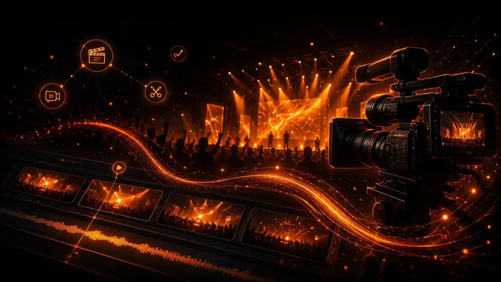Sfeervol bedrijfsevent met gasten en podiumprogramma als basis voor een aftermovie