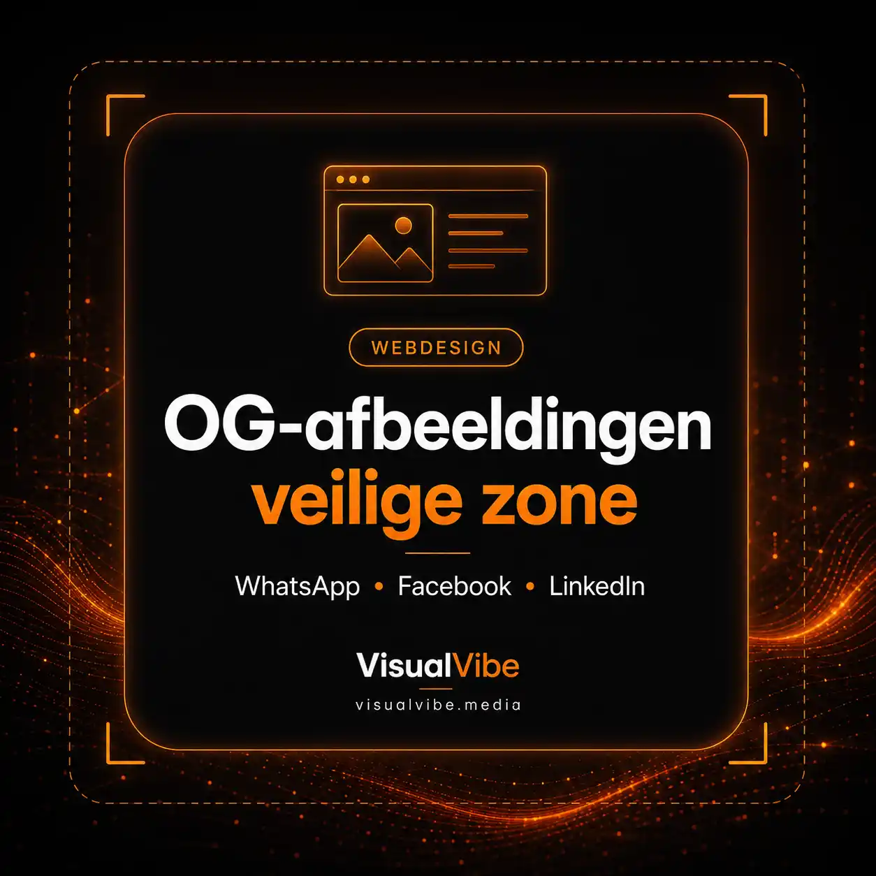 Voorbeeld van een Open Graph afbeelding met een centrale vierkante veilige zone voor WhatsApp Facebook LinkedIn en X