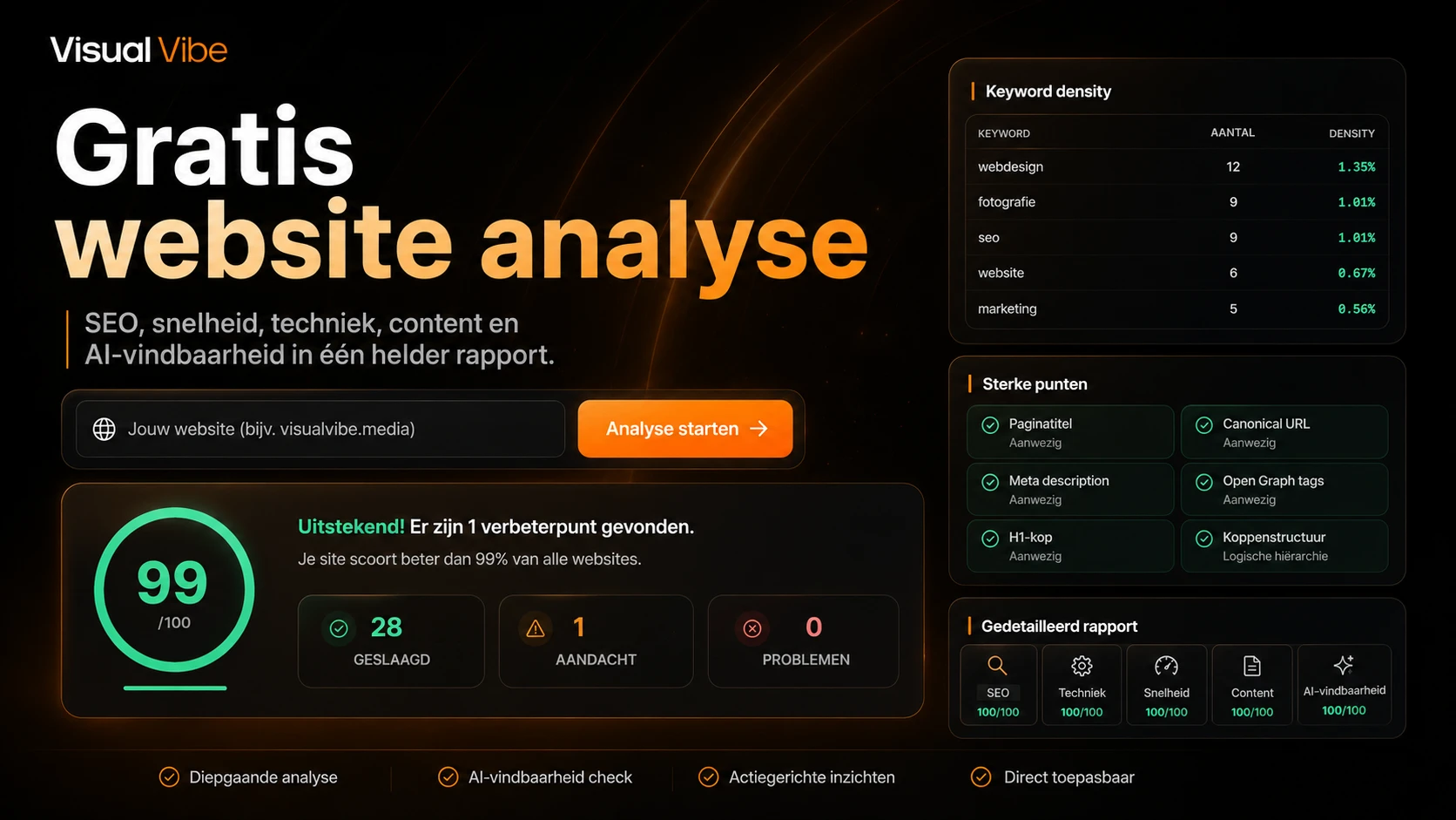 Gratis VisualVibe website analyse voor SEO, snelheid, techniek en AI-vindbaarheid