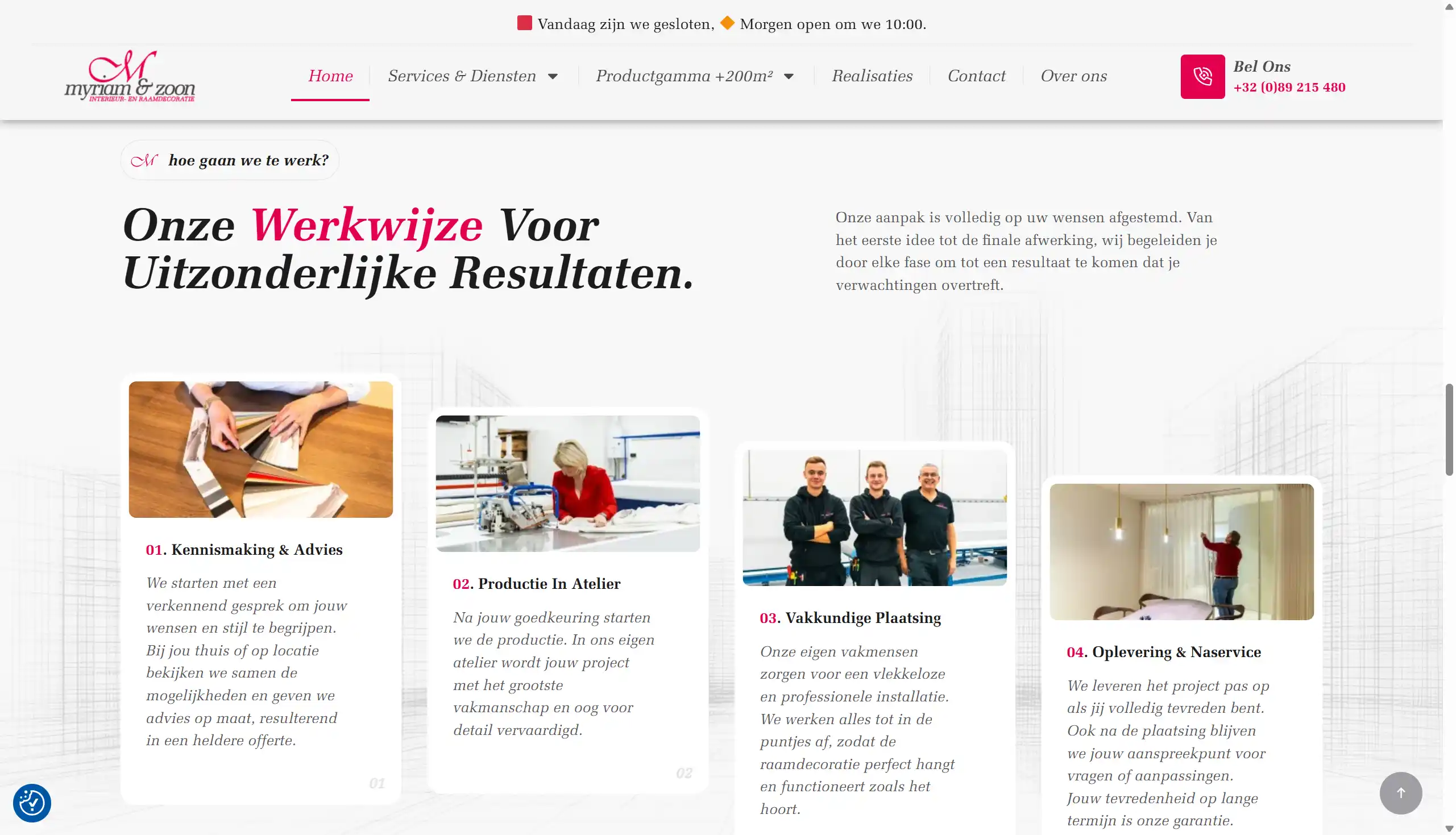 Vernieuwd webdesign van Gordijnen Myriam met werkwijze-stappen en teamfoto's, als voorbeeld van een geslaagde websitevernieuwing