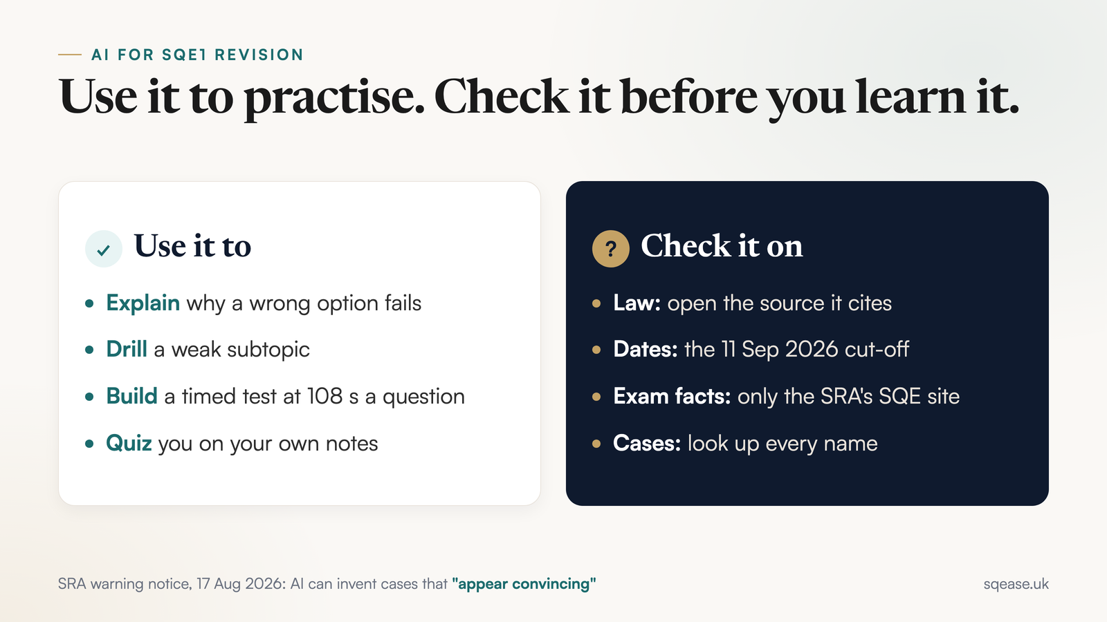 Two columns for using AI in SQE1 revision: trust it to explain, drill, build tests and quiz your notes; check it on law, dates, exam facts and case names