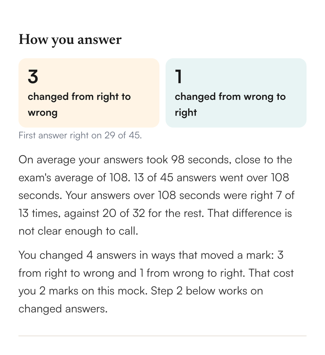 The How you answer section: average time against 108 seconds and a count of changed answers that moved a mark