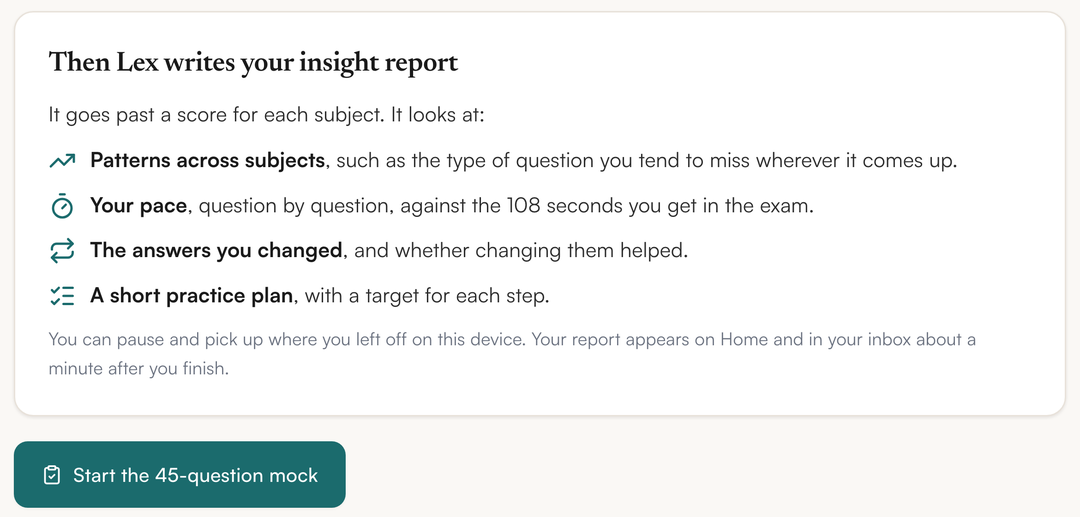 The SQEase calibration mock page: 45 questions, three from every SQE1 subject, then Lex writes an insight report