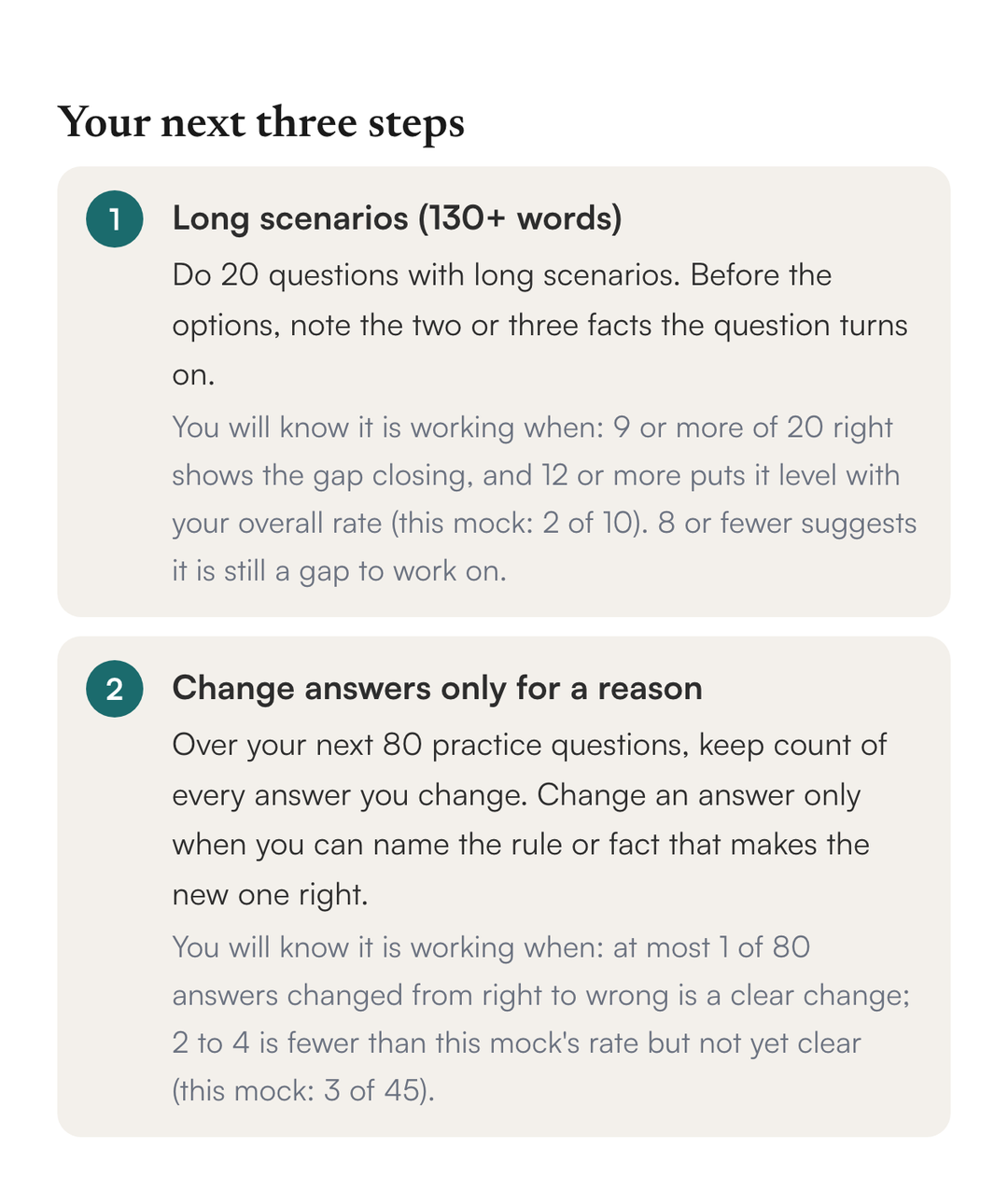 The Your next steps section: numbered practice sets, each with a target and what the result would mean