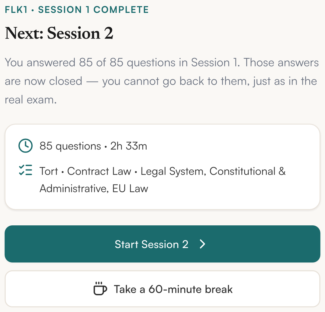 SQEase screen after Session 1: answers closed, next session 85 questions in 2 hours 33 minutes, with a 60-minute break option