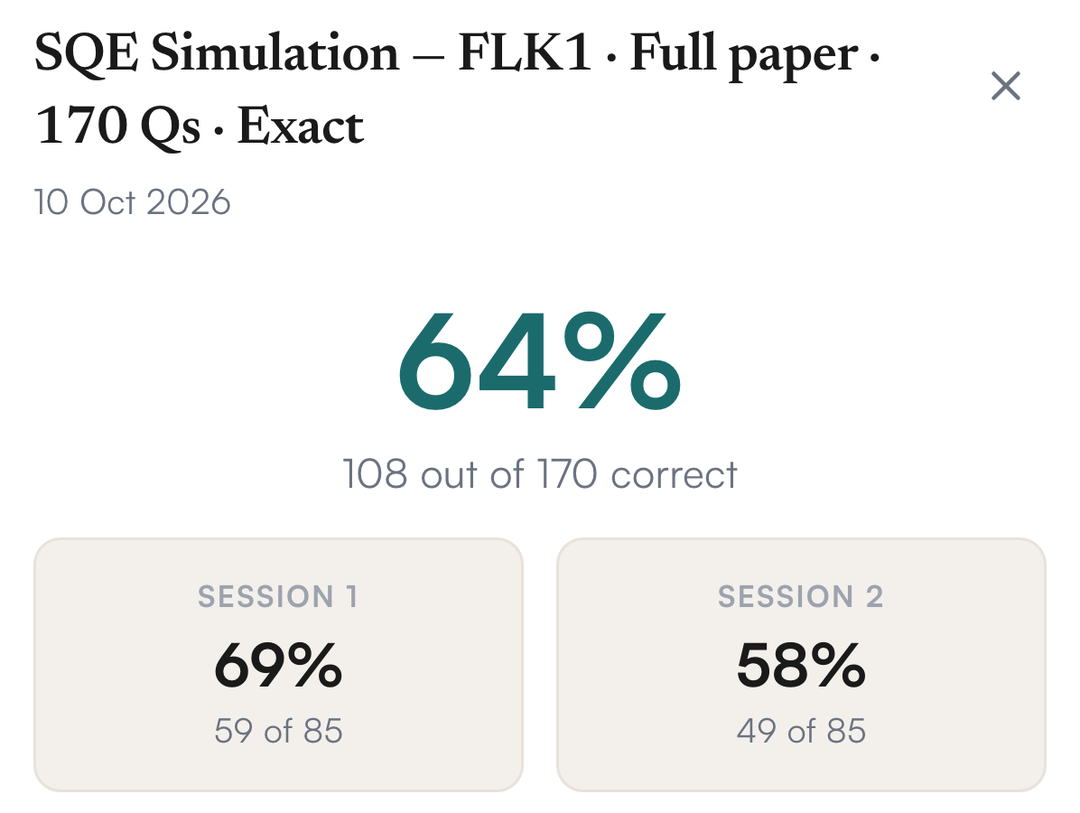SQEase result for a 170-question FLK1 simulation showing a separate score for Session 1 and Session 2