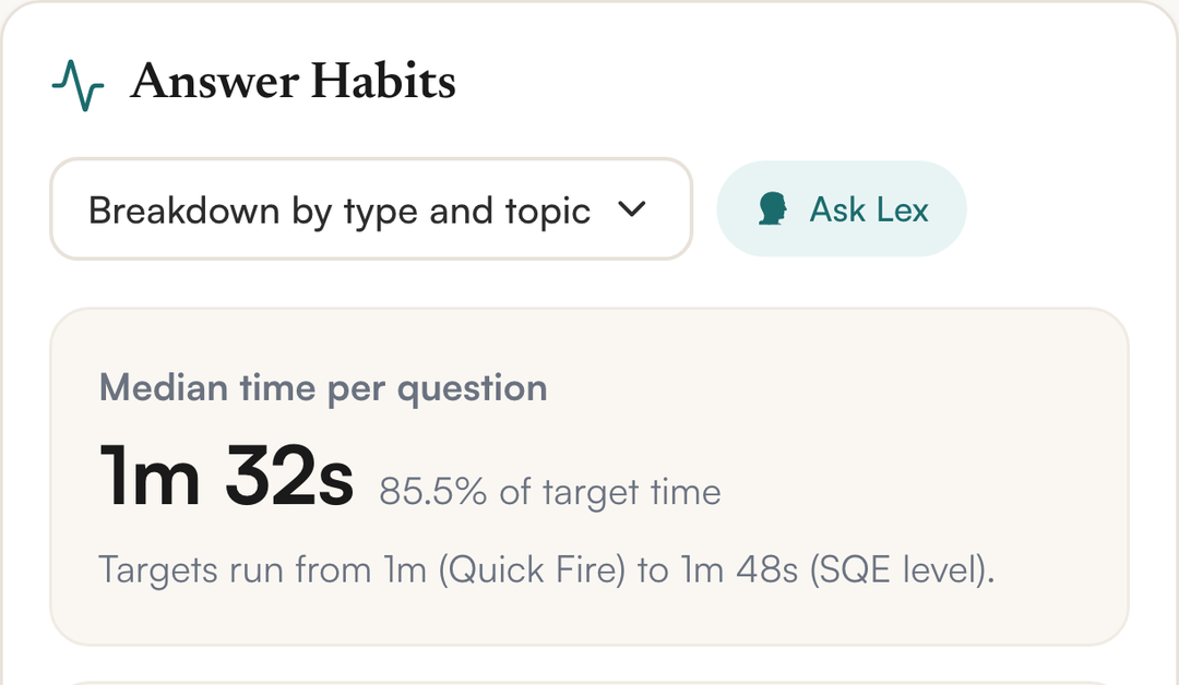 SQEase Answer Habits card: median time per question 1m 32s, 85.5% of target time, targets from 1m to 1m 48s