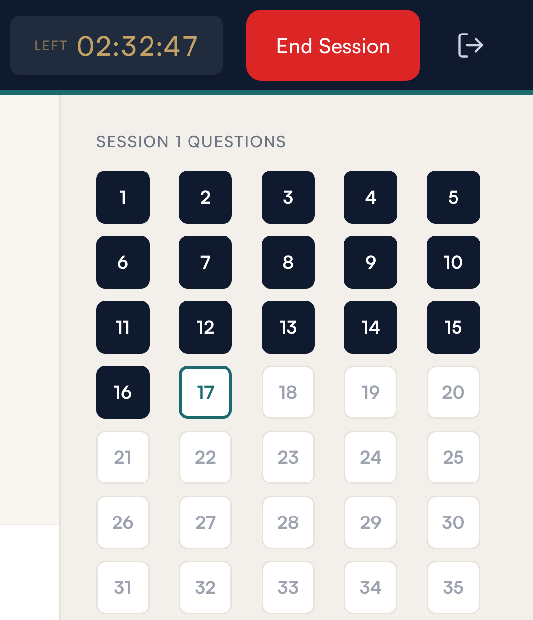 SQEase exam screen showing 02:32:47 left in Session 1, with questions 1 to 16 answered and question 17 current