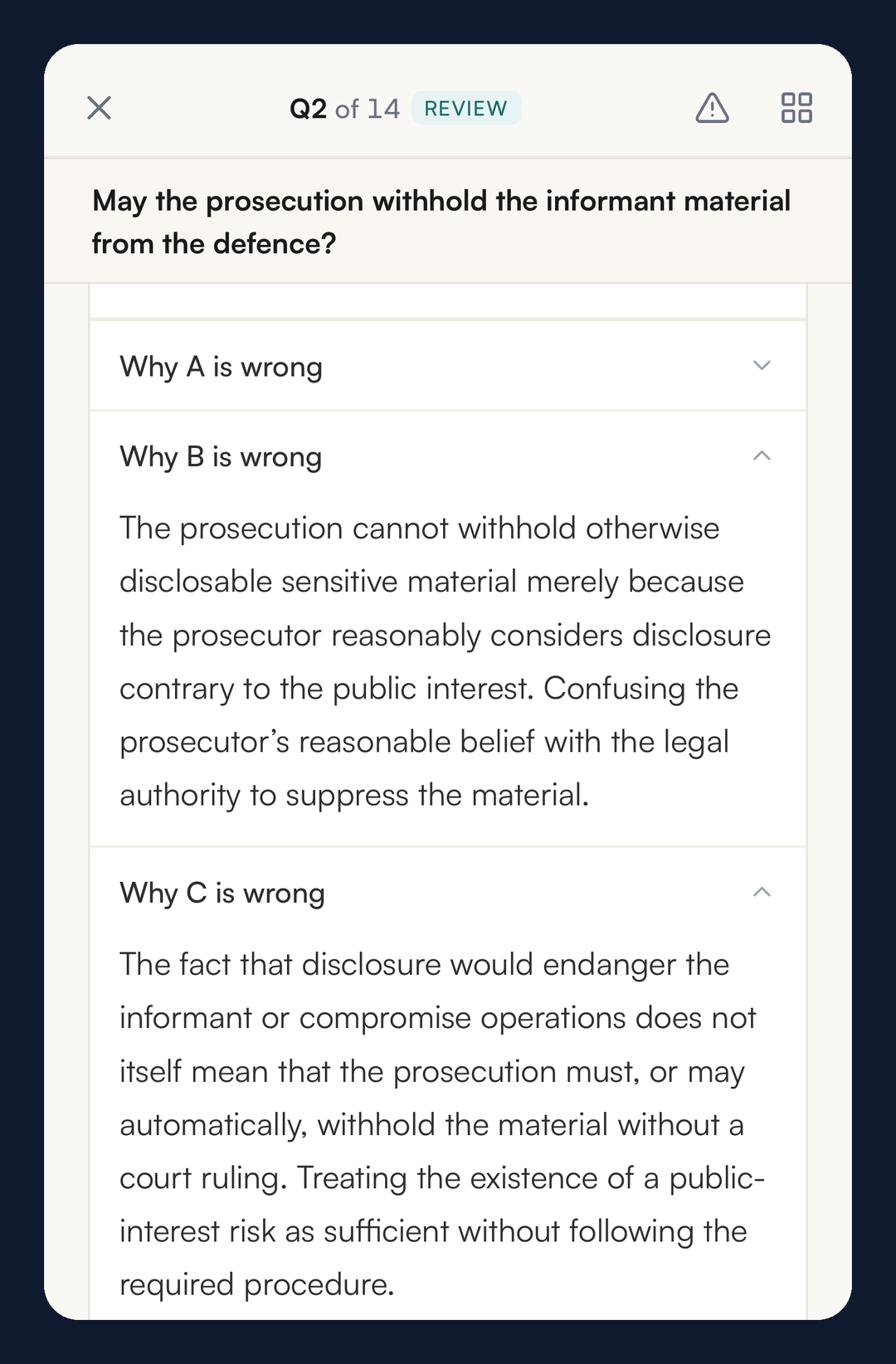 A reviewed question on iPhone with a separate explanation under Why A is wrong, Why B is wrong and Why C is wrong