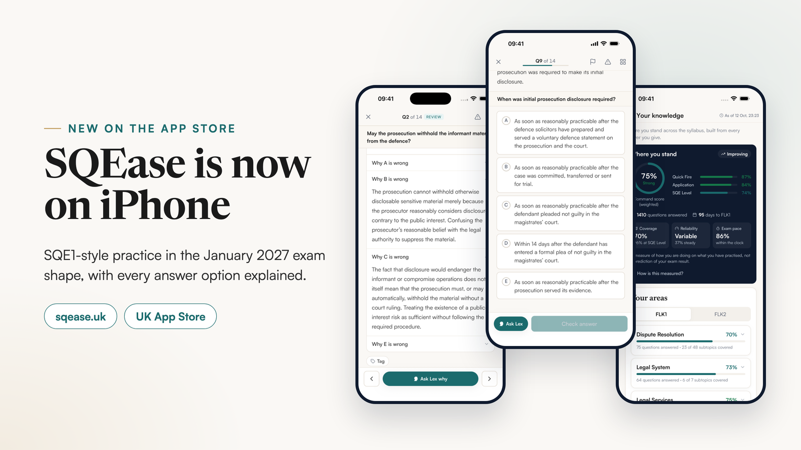 SQEase on iPhone: three app screens showing a practice question, explanations for each wrong option and the Your knowledge page