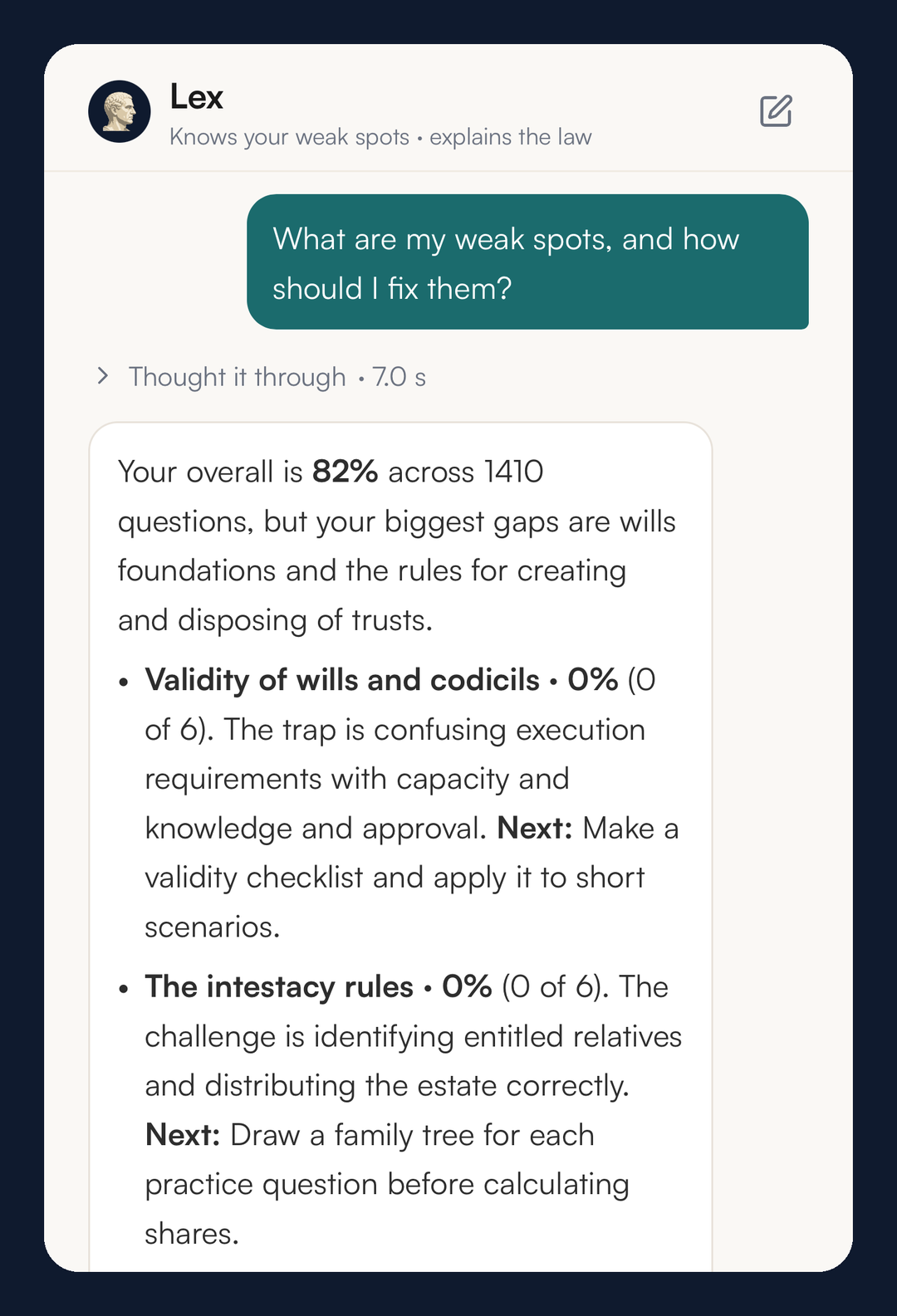 Lex on iPhone answering What are my weak spots, and how should I fix them, naming two weak subtopics with a next step for each