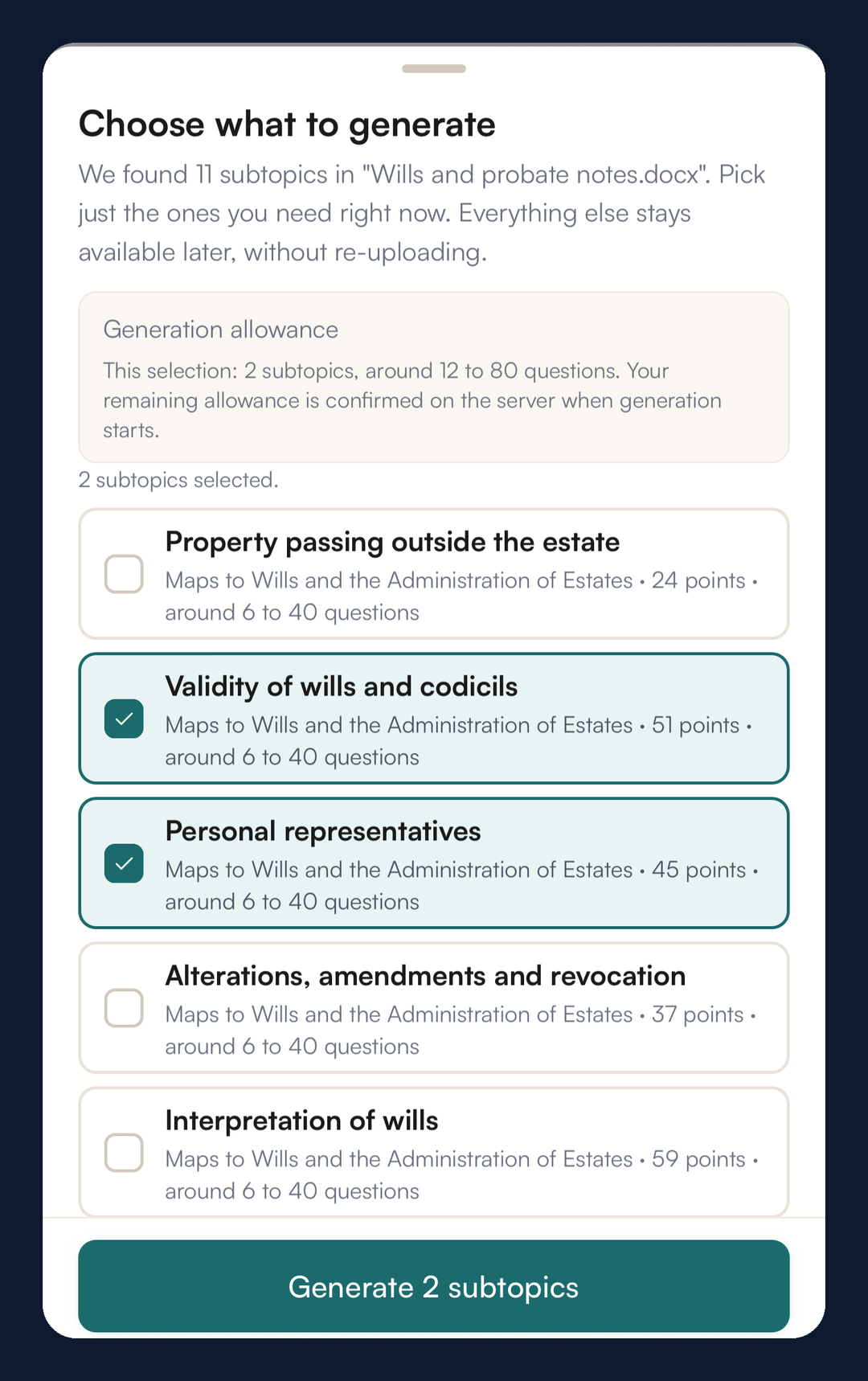 Choose what to generate on iPhone: the SQE1 subtopics found in an uploaded Wills and probate notes file, two of them ticked