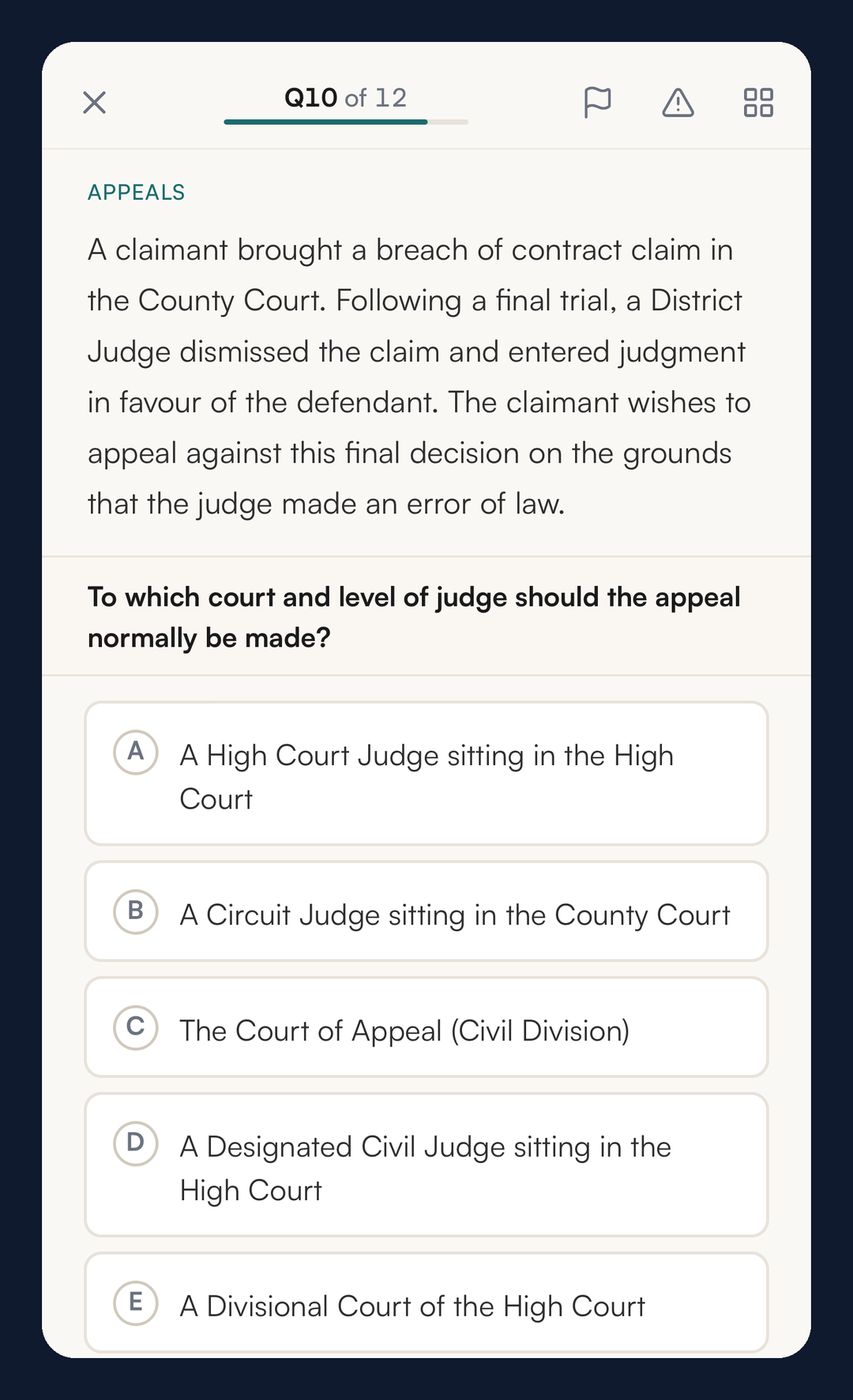 A full SQE1-style question on iPhone: an appeal after a District Judge's final decision, with all five answer options on one screen
