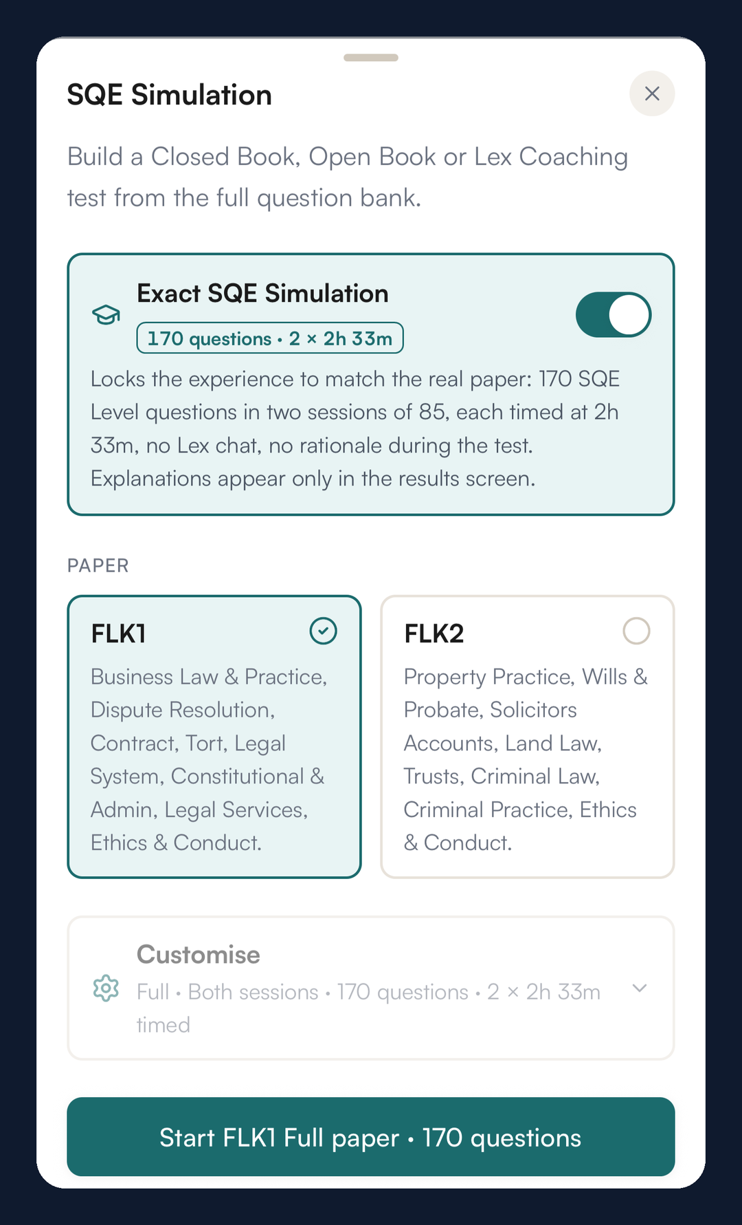 SQE Simulation on iPhone with Exact SQE Simulation switched on: 170 questions in two sessions of 85, and a choice of FLK1 or FLK2