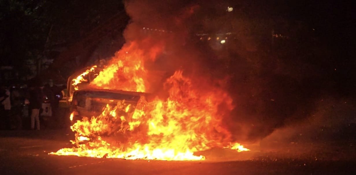 Vehicle Catches Fire Near Hyderabad Airport Causing Traffic Jam