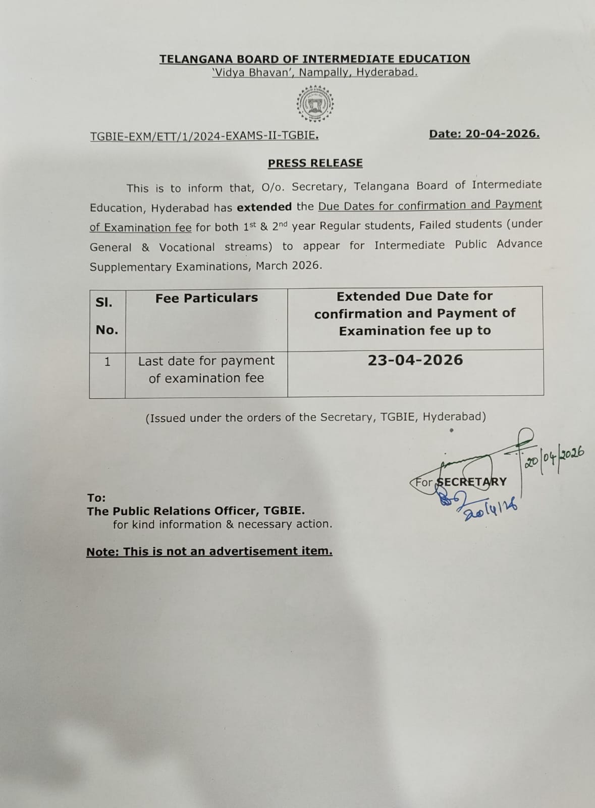 Inter Supplementary Fee Deadline Extended to April 23