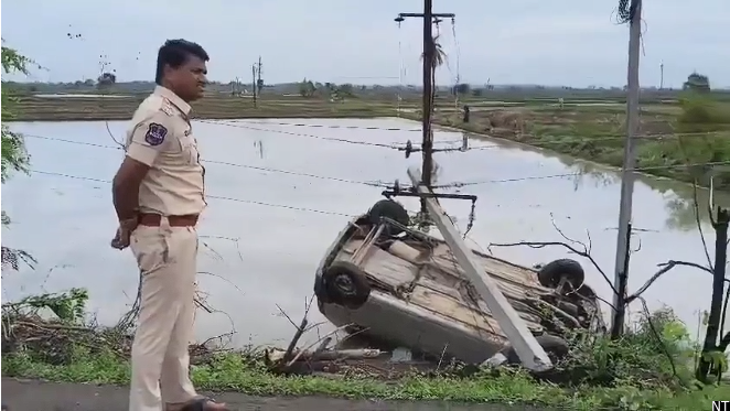 Nizamabad Car Accident: Driver Escapes After Hitting Power Pole