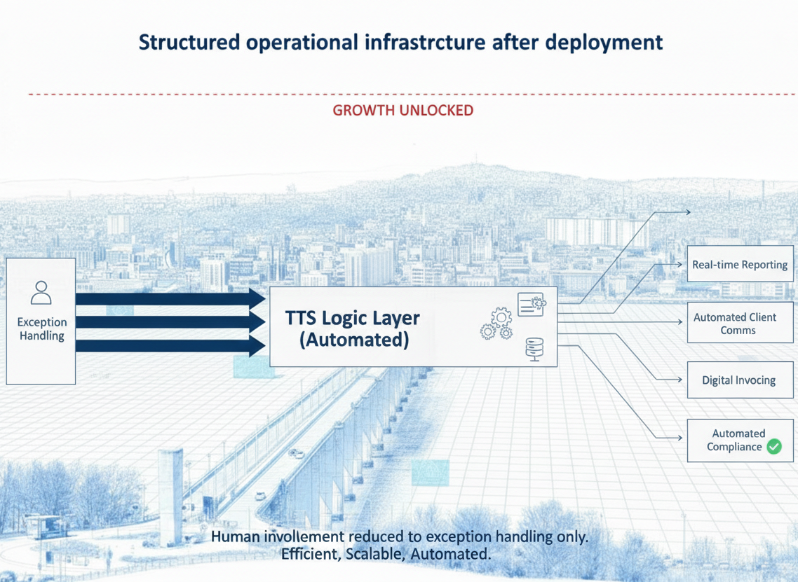 Clean engineering diagram showing a structured, automated workflow from a single intake to reporting.