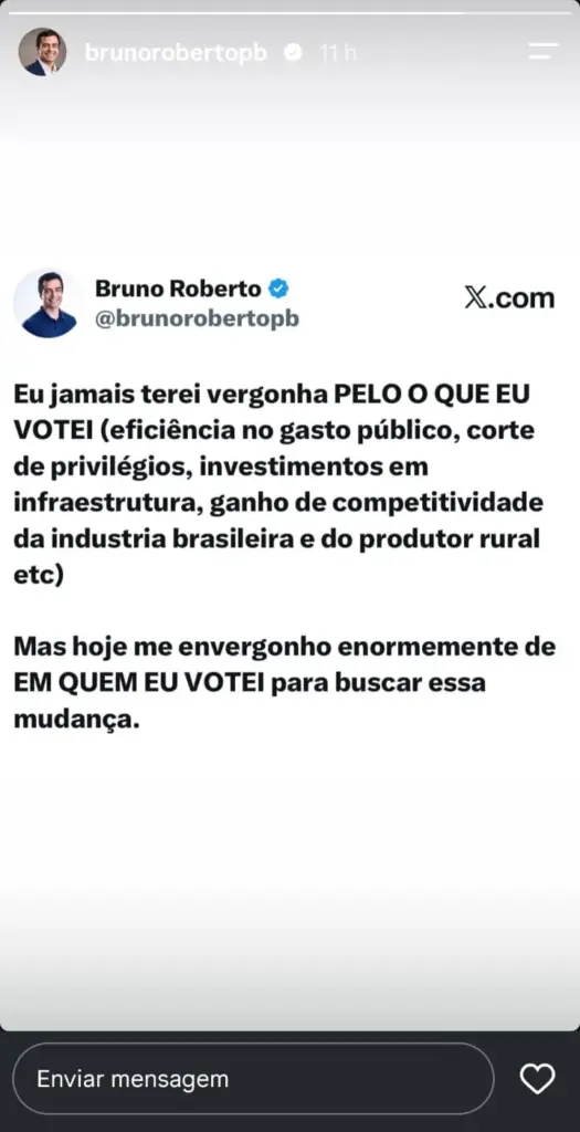 Bruno Roberto critica postura de Flávio Bolsonaro e declara vergonha de voto após eleição