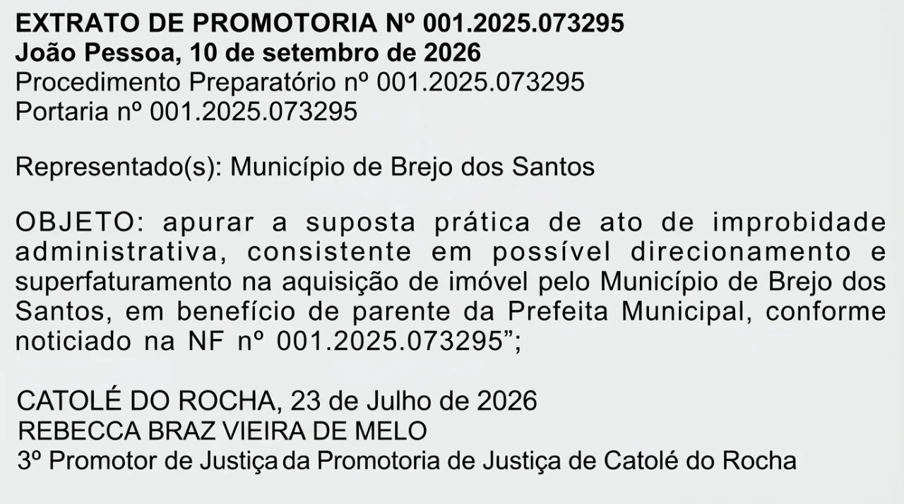 MPPB investiga compra de imóvel com suspeita de superfaturamento e favorecimento em Brejo dos Santos